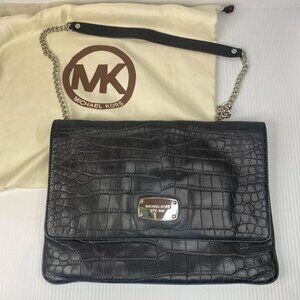 Michael Kors Flap Shoulder Bag Black Metal Faux Skin Leather + Silk Bag